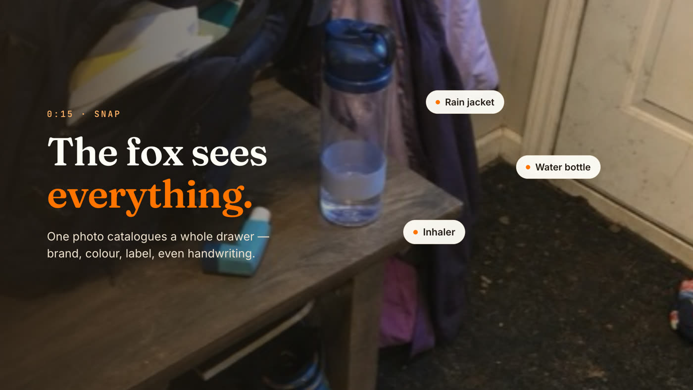 A dark frame of a photographed mudroom with white pill labels floating over it reading rain jacket, water bottle and inhaler, showing items being recognised inside one photo.