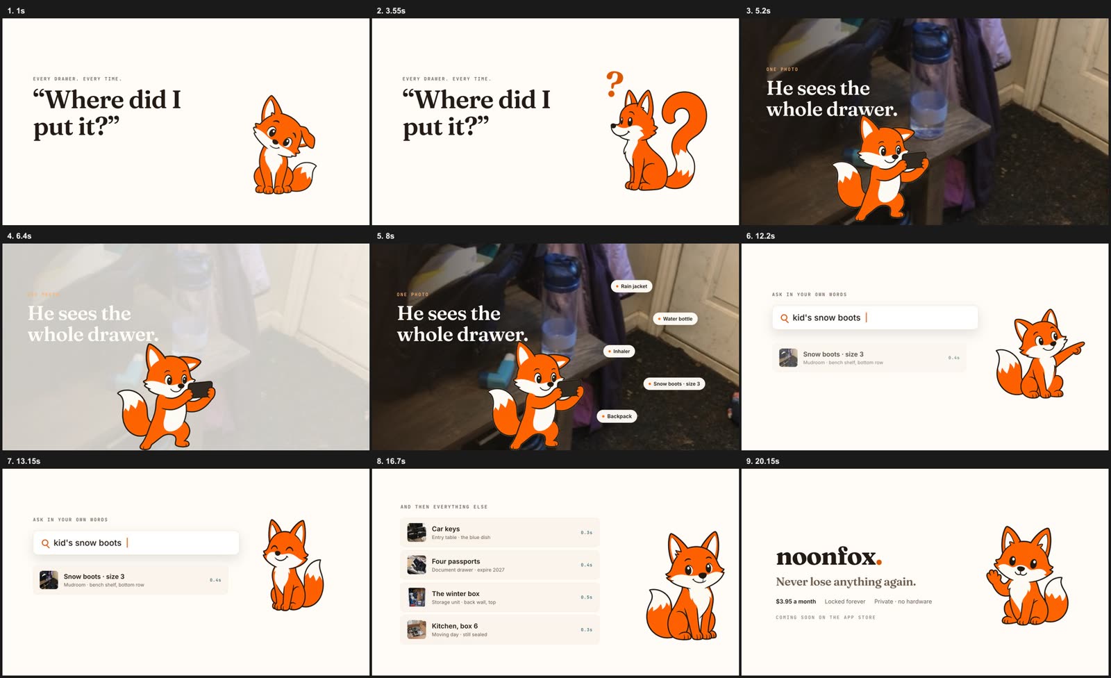 Nine frames from the second film in a grid, following the fox from a confused sit, to a tail curled into a question mark, to a trot in holding a phone, to a camera flash, to items appearing around him, to pointing at a search result, to a pleased hop, to a stack of four answers, to a wave at the closing card.