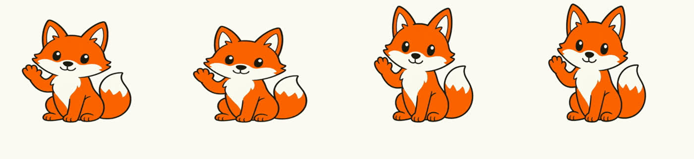 Four consecutive frames of the fox landing on the closing card: normal height, then visibly squashed wide and short at the moment of impact, then springing back past its resting height, then settled.