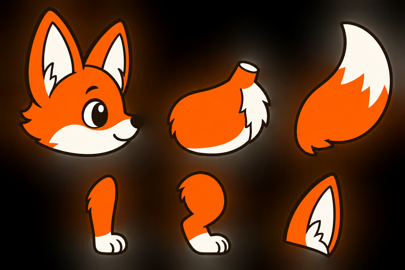 Six separated fox body parts on one sheet: a head with both ears, a torso with a neck stub, a bushy tail, a front leg with its paw, a back leg with its paw, and a spare ear.