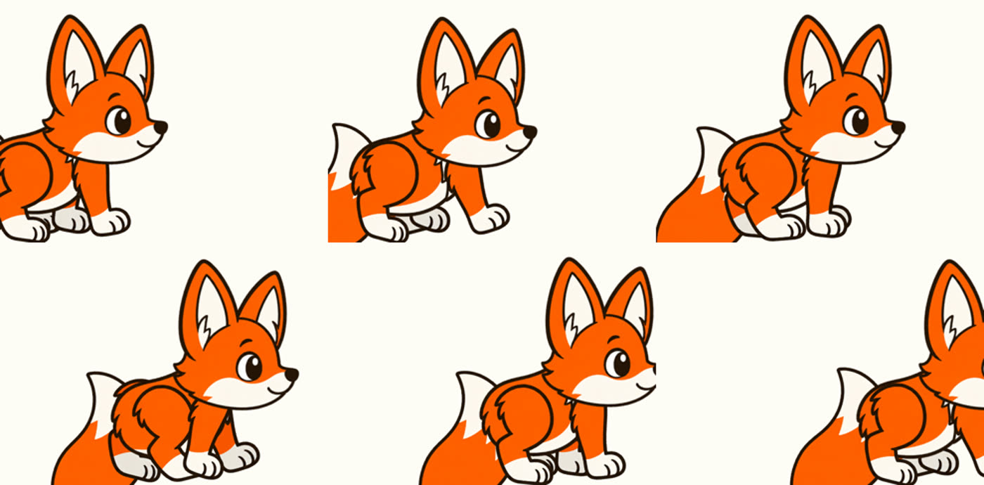 Six consecutive frames of one walking stride, showing the front and back legs swinging in opposite phase, the body rising and falling, and the tail swinging behind.