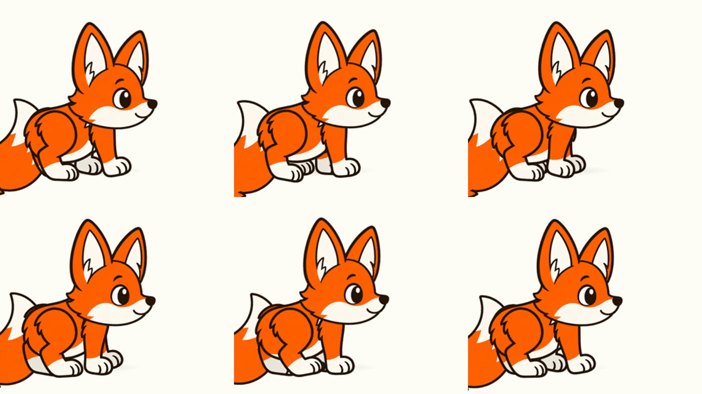 Six frames across one walking stride with the camera tracking the fox, showing each of the four legs at a different phase, the body height changing between frames, and the head level lagging the body.