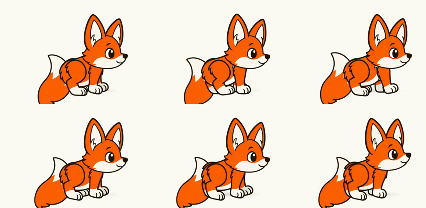 Six frames across a second and a half of the fox stopping: the hips stop first, the chest and head tip forward and recover in sequence, and the tail flexes through its three joints, the tip settling last.