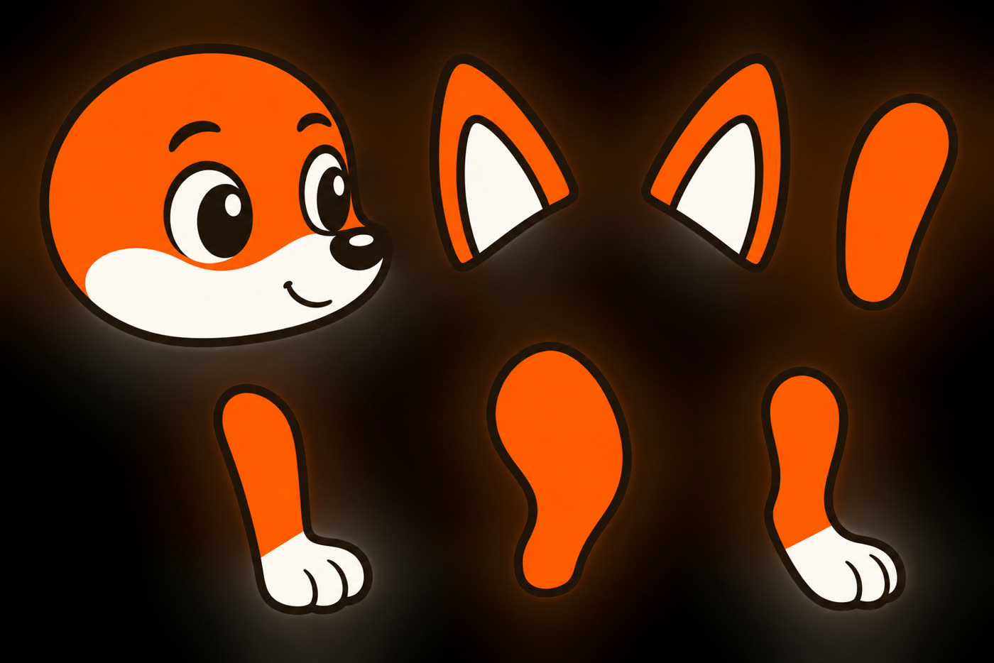 Seven separated fox parts on one sheet: a head with no ears and a smooth rounded skull, two pointed ears with cream inner shapes, an upper leg segment, a lower front leg with its paw, a thigh, and a lower back leg with its paw.