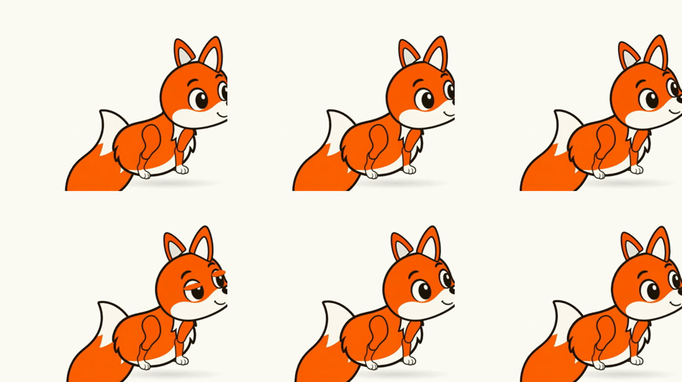 Six frames of the head tilt: the fox's head rotates up and over at the headline while both ears hang a beat behind the skull, with a half closed blink in the middle frames.