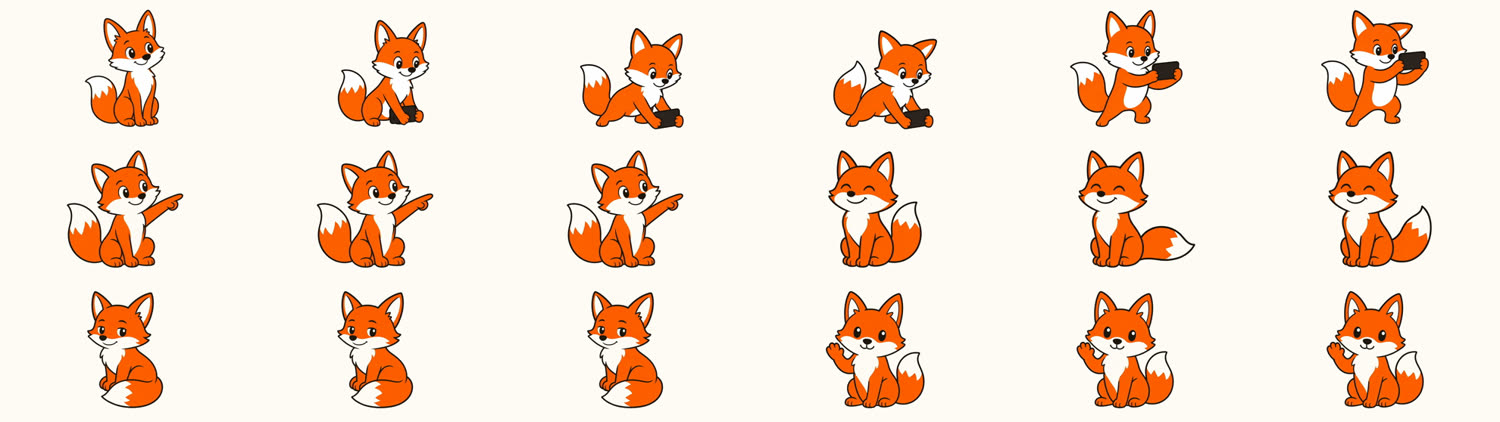 Three rows of six frames: the fox picking up a phone and standing to photograph, the fox lowering its pointing paw and settling into an eyes closed smile, and the fox turning toward the viewer and raising a paw to wave.