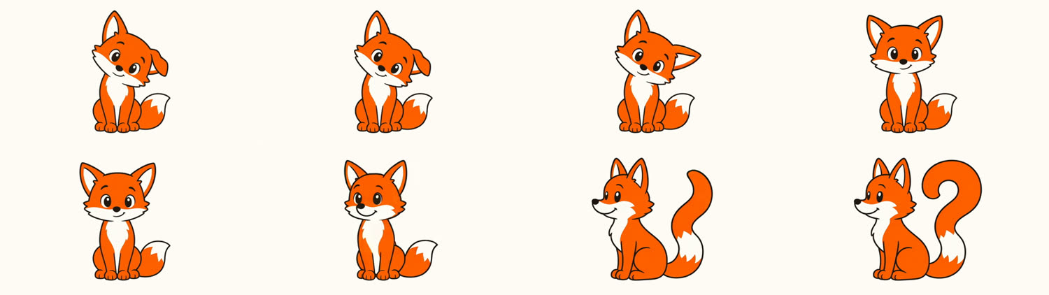 Eight frames from the generated wonder clip: the fox untilts its head, turns from three quarter view through a front view to profile, and its tail rises and curls into a question mark.