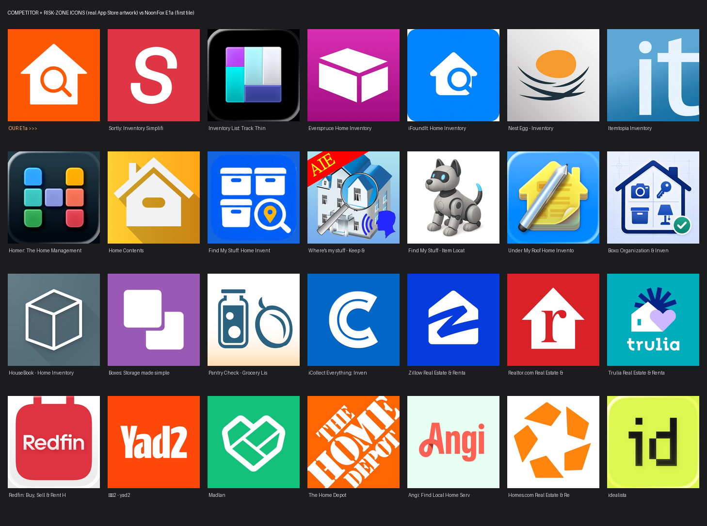 Grid of 27 real competitor and adjacent-category app icons next to NoonFox E1a.