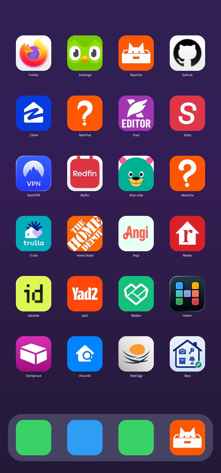 A realistic iPhone Home Screen showing three NoonFox candidates among real apps like Firefox, Duolingo, Zillow, Redfin and the iFoundIt competitor.