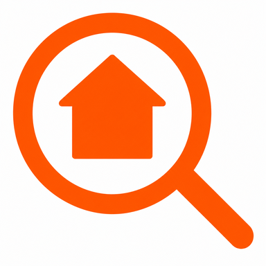 F1: orange magnifying glass and house on a white field