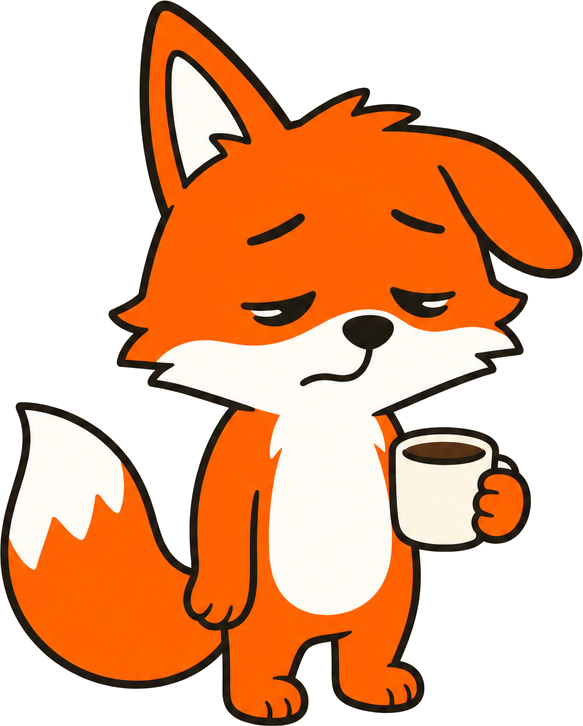 Slumped fox holding a coffee cup