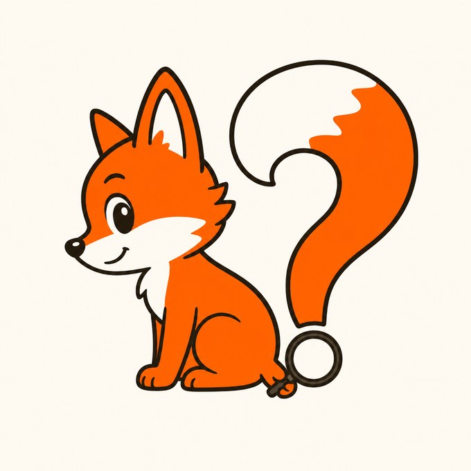 Fox seated with question-mark tail holding a magnifying glass at the dot position