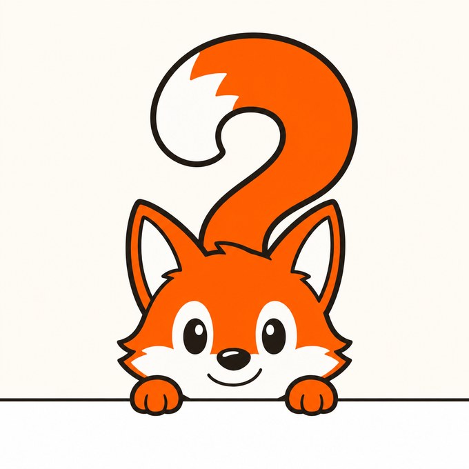 Fox peeking over an edge with his tail curled into a question mark rising behind