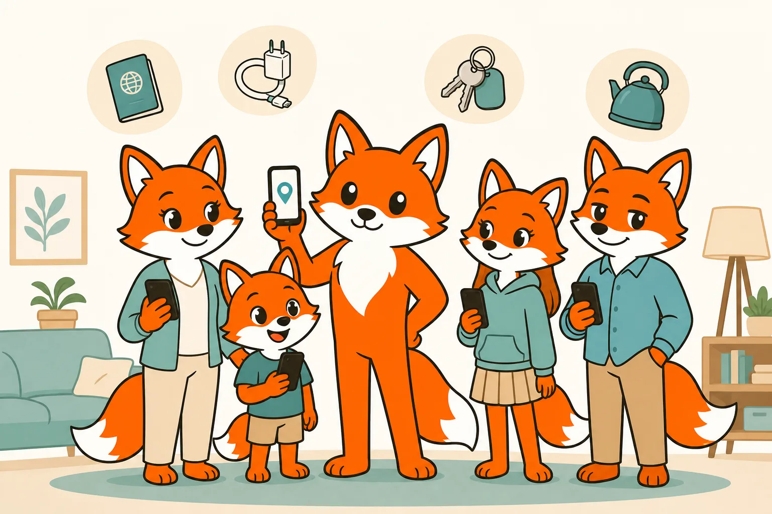 A fox family, each member holding a phone, with the items they found floating above: a passport, a charger, keys, a kettle