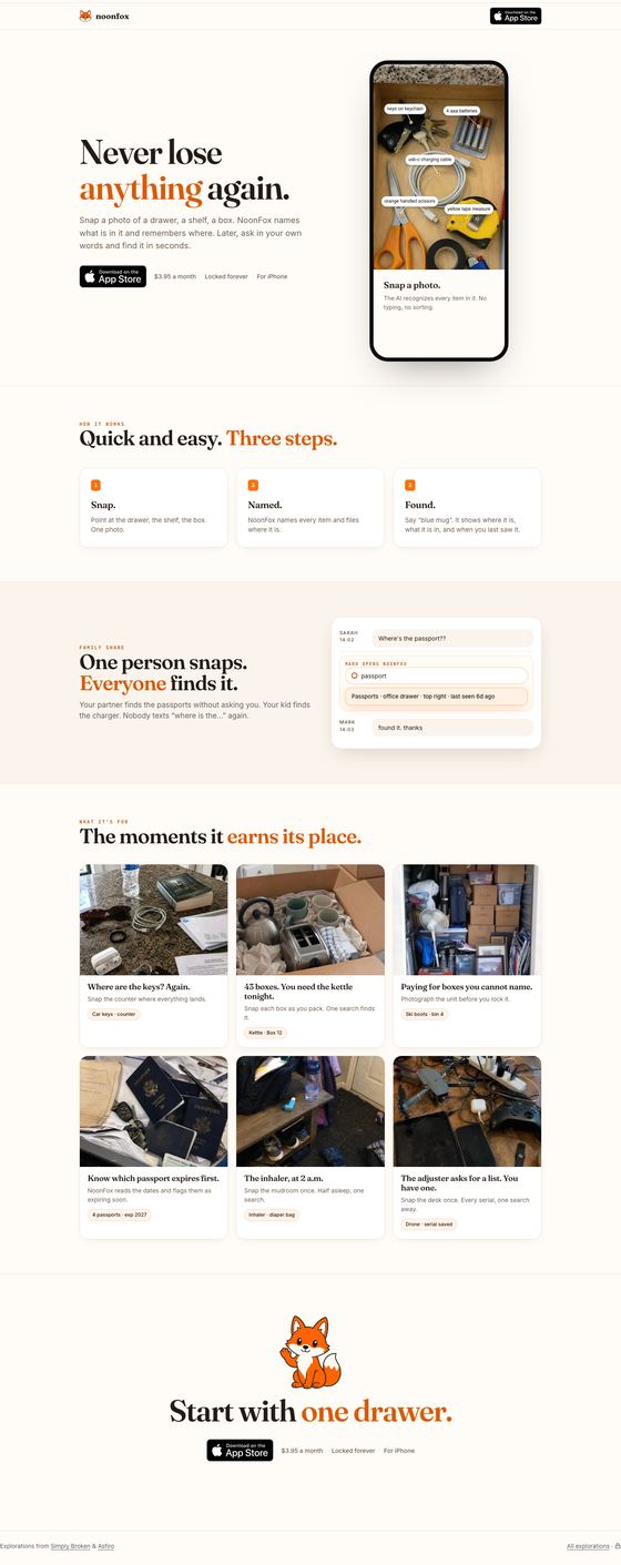 Option A rendered top to bottom: a two-column hero with the phone, three step cards, a Family Share band, six moment cards, the closing badge.