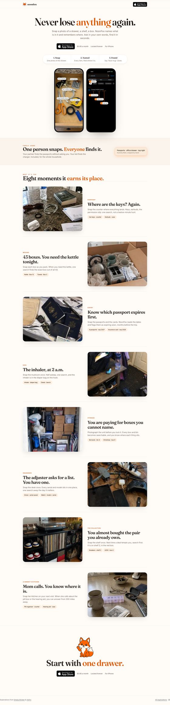 Option C rendered top to bottom: a centred hero with the badge, a one-line how it works pill and two phones, a Family Share band, then eight alternating photo and text rows, the closing badge.