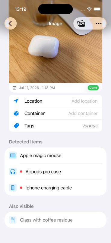 The AI's detected items list