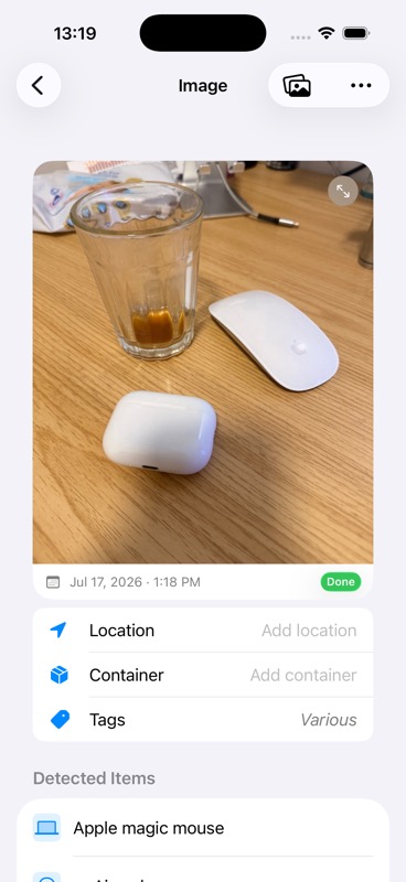 A real NoonFox capture: a desk photo with the AI's detected items listed beneath it