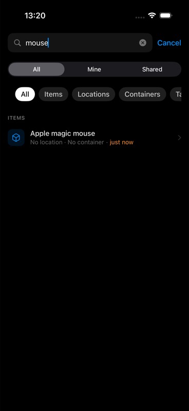 Search returns the item instantly