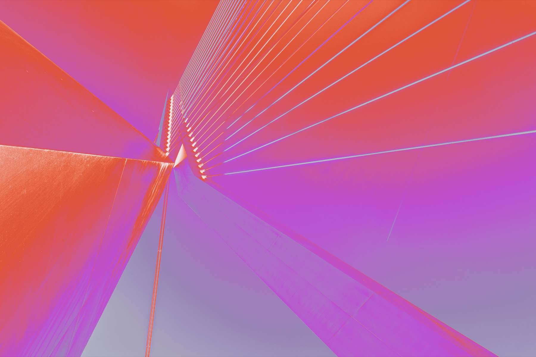 Suspension bridge pylon and cables, duotoned in fire and violet
